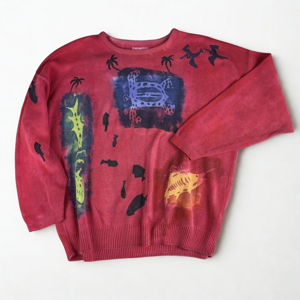 Vintage‎ Sloop Jones Virgin Islands Hand Painted Cotton Red Sweater Ocean Fish